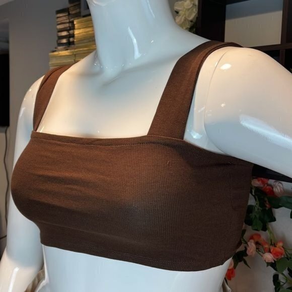 Ambiance Brown Cotton Blend Square Neck Wide Straps Crop Tank Size M - Picture 8 of 11